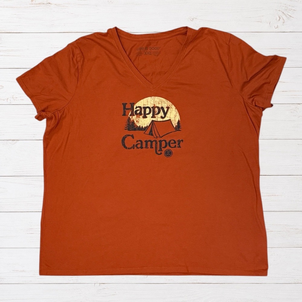 Life Is Good Happy Camper V-Neck Graphic Tee Women's XXL Orange Camping